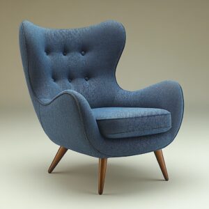 blue armchair with solid wood legs
